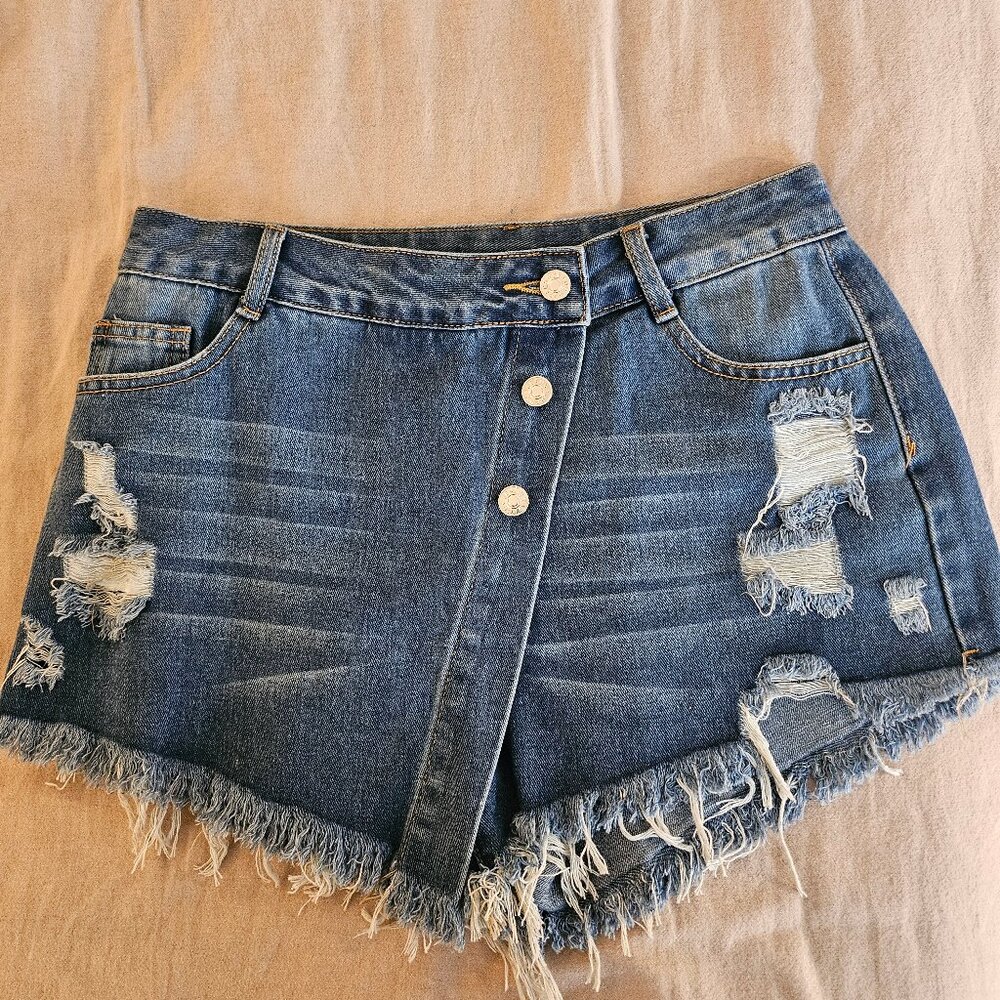 Distressed Faux‑Snap Denim Wrap Skort